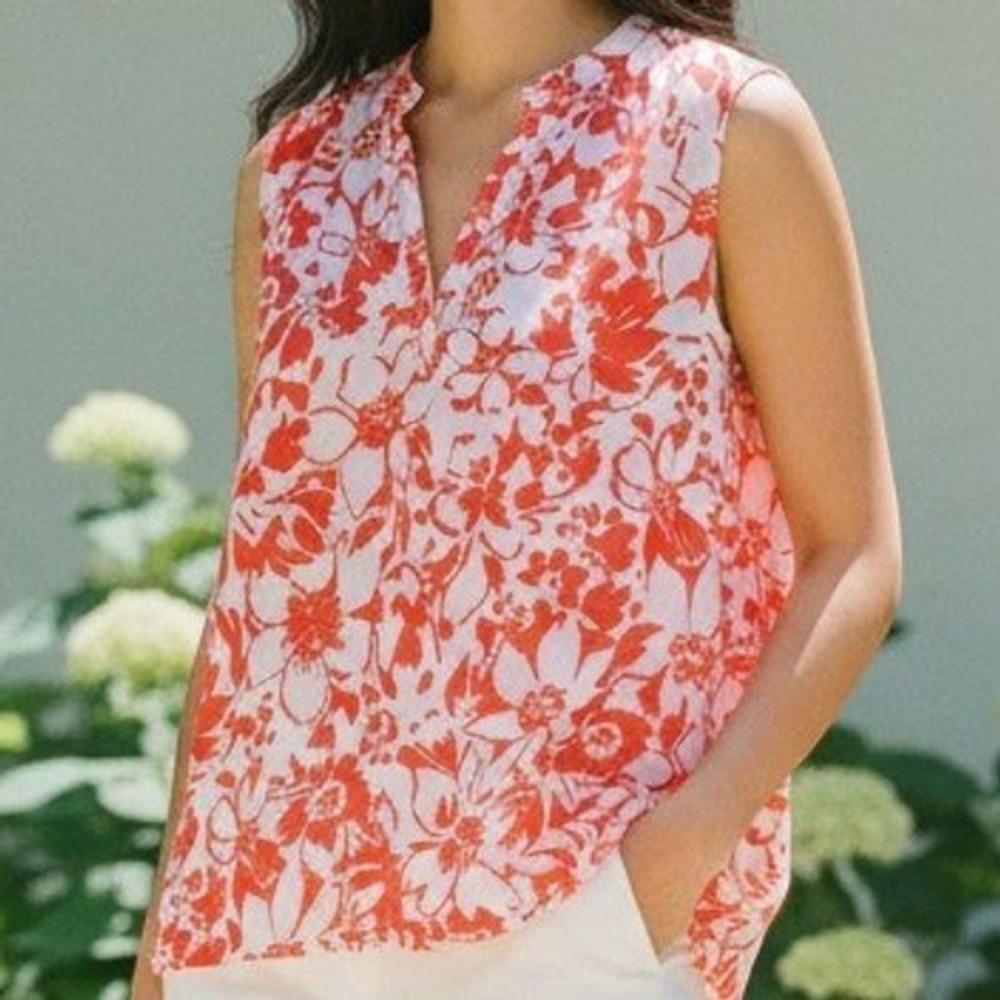 Chaus Floral Sleeveless V-Neck Blouse Boho Summer Top XL Red White
